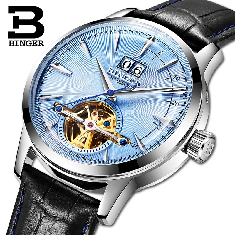 Оригинальные Роскошные мужские часы бренда BINGER с кожаным ремешком