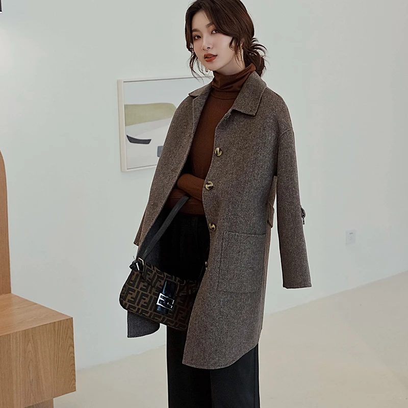 dark brown Женское пальто, двухстороннее, чистый кашемир, длинный участок, зима, новинка, популярное, высокое качество, сплошной цвет, с отворотом, для девушек, шерстяное - Цвет: dark brown