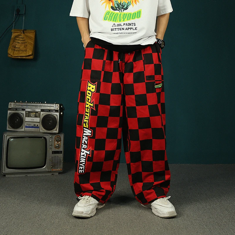 Street hip-hop Harajuku Retro checkerboard handsome loose BF large-size wide-legged overalls spring women men pant trousers | Женская