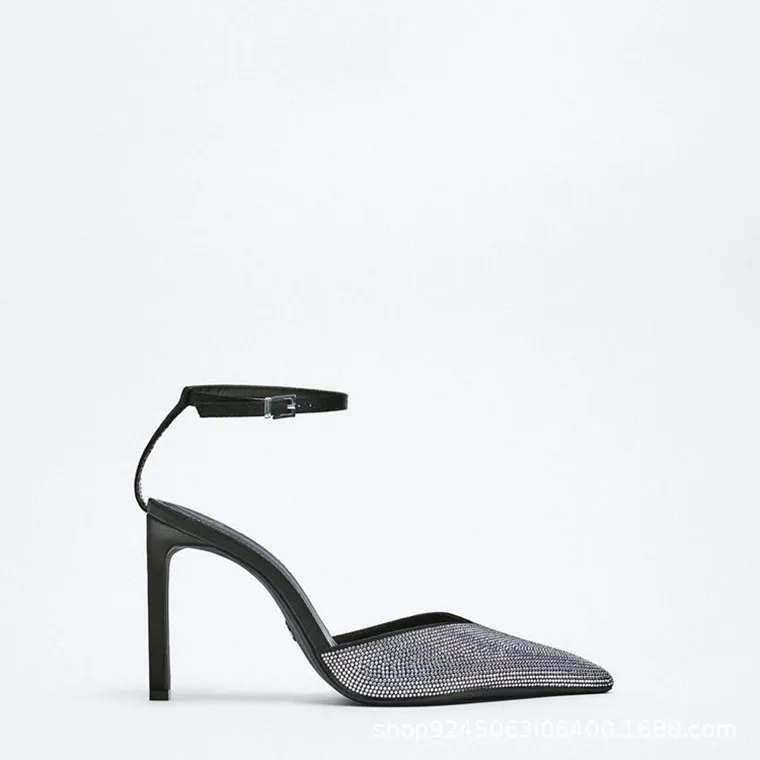 

2022 Spring and Winter New Women's Shoes Black Sole Silver Bright Elegant High Heel Shoes Pointed Stiletto Toe Single Sandals