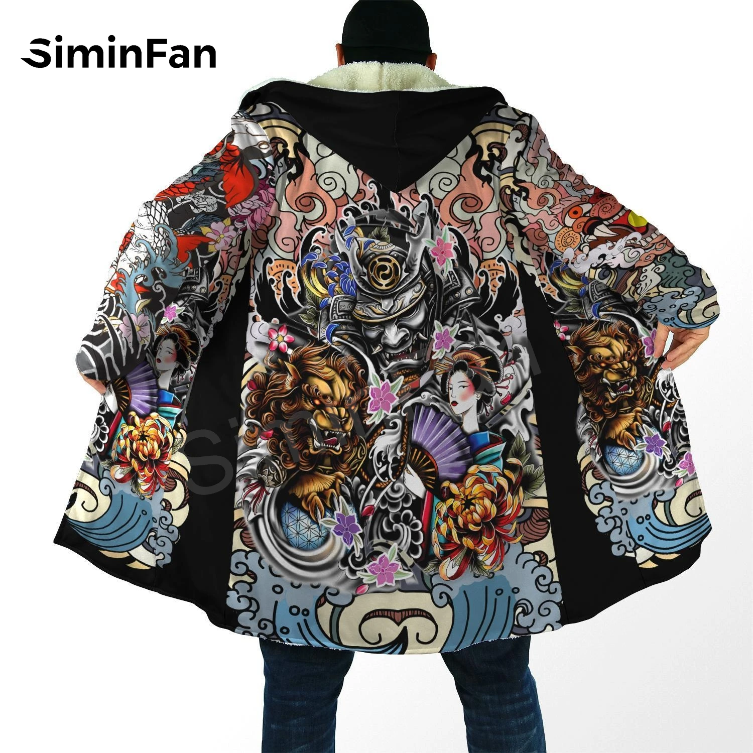 

Winter Thick Mens Hooded Cloak Japan Samurai Tattoo 3D Print Flannel Claw Buckle Coat Unisex Casual Cashmere Warm Cape Jacket 01