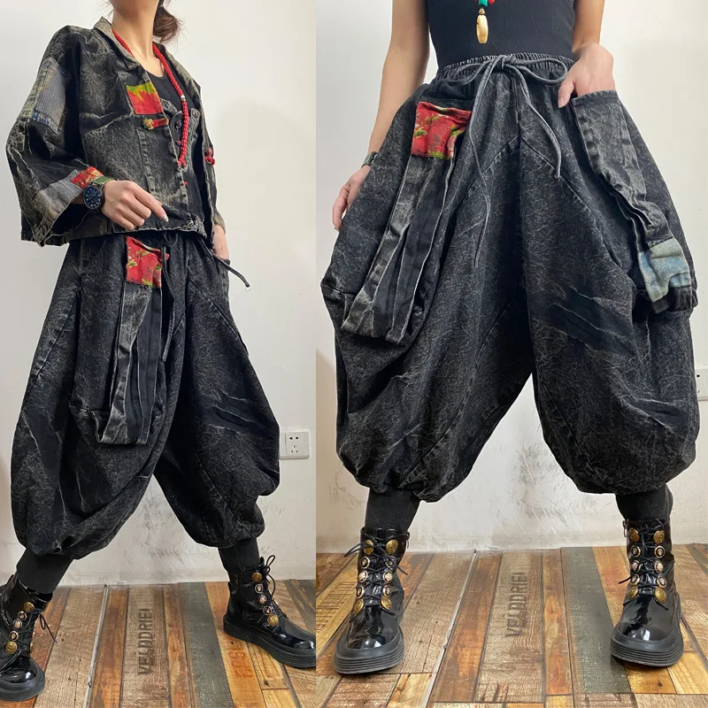 LYUZHE Vintage Solid Tie Feet Denim Wide Leg Pants Women 2021 Summer Distressed Drawstring Ankle-Length Pants Black Blue QDY110