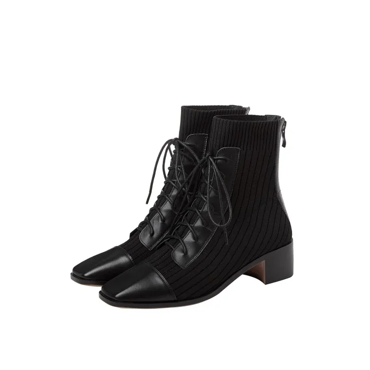 

MLJUESE 2021 women ANKLE boots Cow leather Winter short plush Square Toe Lace-Up Med heels female Riding boots size 39