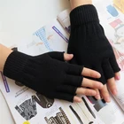 Зимние однотонные черные перчатки на полпальца теплые рабочие перчатки без пальцев для женщин 1 пара вязаные эластичные мягкие мужские унисекс оптовая продажа 2020 осень