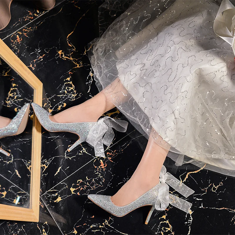 Thin High Heels Women Pumps Sequined Cloth Slip On 7CM 9CM Pointed Toe Shallow Rhinestones Bling Butterfly-knot Women Shoes