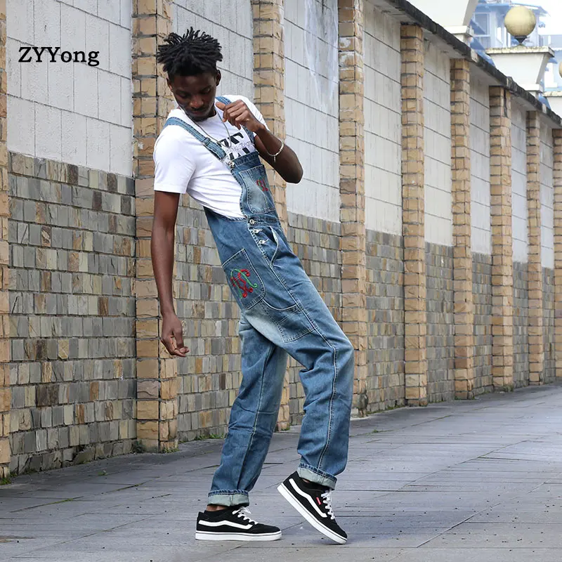 ZYYong Stylish Men's Jeans Jumpsuit Comfortable Loose Hip-Hop Street Clothes Men's Pants Denim Bib Overalls Men's Suspenders