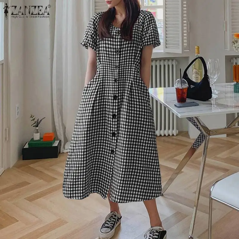 

ZANZEA Women Fashion Shirt Dress 2021 Summer Stitching Button Up Maxi Vestidos Casual Lady Striped Short Sleeve Long Sundress