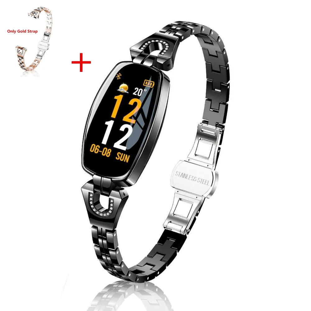 BK add gold strap Смарт-браслет H8, женские Смарт-часы, измеритель артериального давления, пульсометр, фитнес-браслет, трекер для Xiaomi, Apple Phone, умный Браслет - Цвет: BK add gold strap