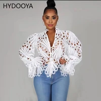 flare sleeve sexy hollow out blouses womens shirt o neck high waisted bodycon lace blouse party tops women tunic blusa vestidos