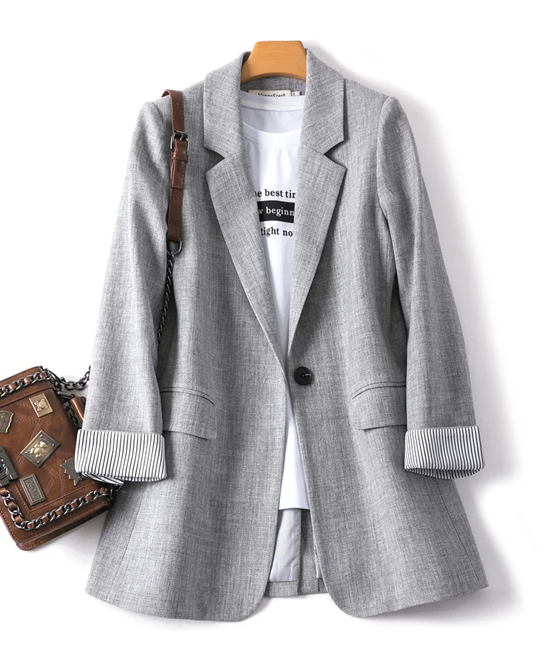 

Spring Autumn Women Blazers Solid Long Sleeve Notched Collar Ladies Plus Size Suit Coat Single Button Pockets for Female 2021