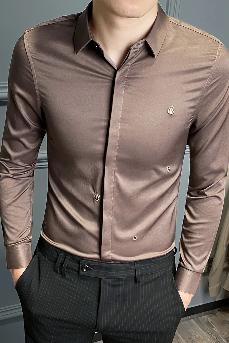 

2021 Men Shirts Formal Business Dress Shirts Long Sleeve Slim Fit Casual Shirt Embroidery Social Party Blouse Camisa Masculina