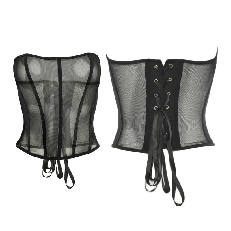 

Casual Sexy Black Corset Top Women's Summer Fishbone Lace Up Bustiers Curve Shaper Patchwork T-Shirt for Streetwear