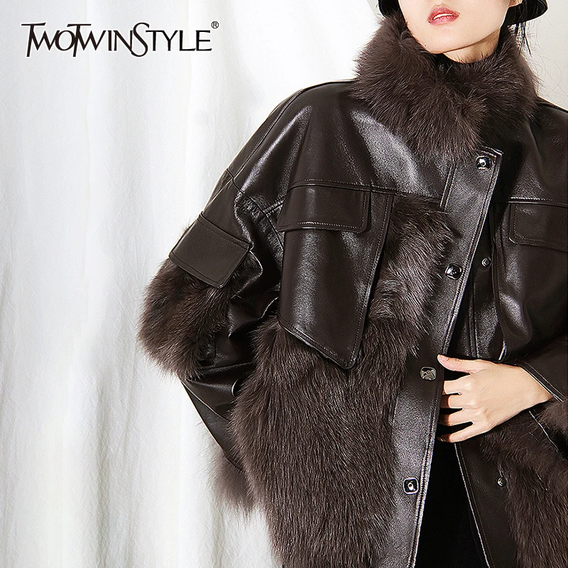 

Twotwin2 стильная Сексуальная Лоскутная Женская Осенняя куртка с толстым пухом на пуговицах из искусственной кожи, водонепроницаемая прямая м...