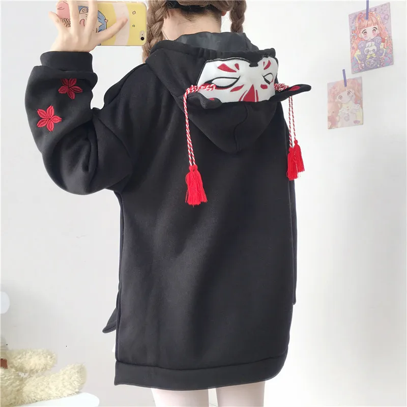 Японские милые уличные модные женские толстовки Harajuku Kawaii С лисьими ушками толстовка с капюшоном с вышивкой Сакура плюс бархатный пуловер Топы