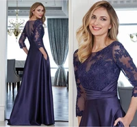 2022 charming navy blue lace jewel evening dresses three quarter sleeves long satin prom party gown robe de soiree