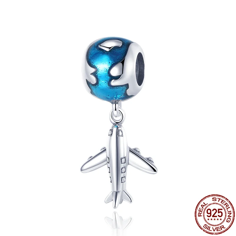 

2021 New 925 Sterling Silver Earth With Airplane Charm Fit Original 3mm Bracelet&Bangle For Women Birthday Fashion Jewelry Gift