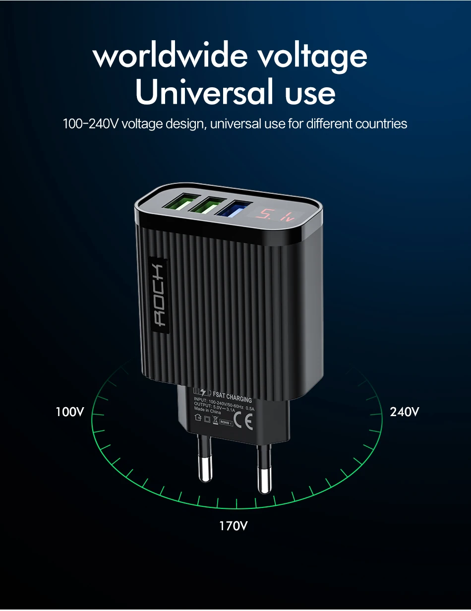 ROCK Цифровое зарядное устройство для телефона с 3 портами USB 3A Max умное быстрое зарядное устройство для путешествий настенное зарядное устройство адаптер для iPhone samsung Xiaomi
