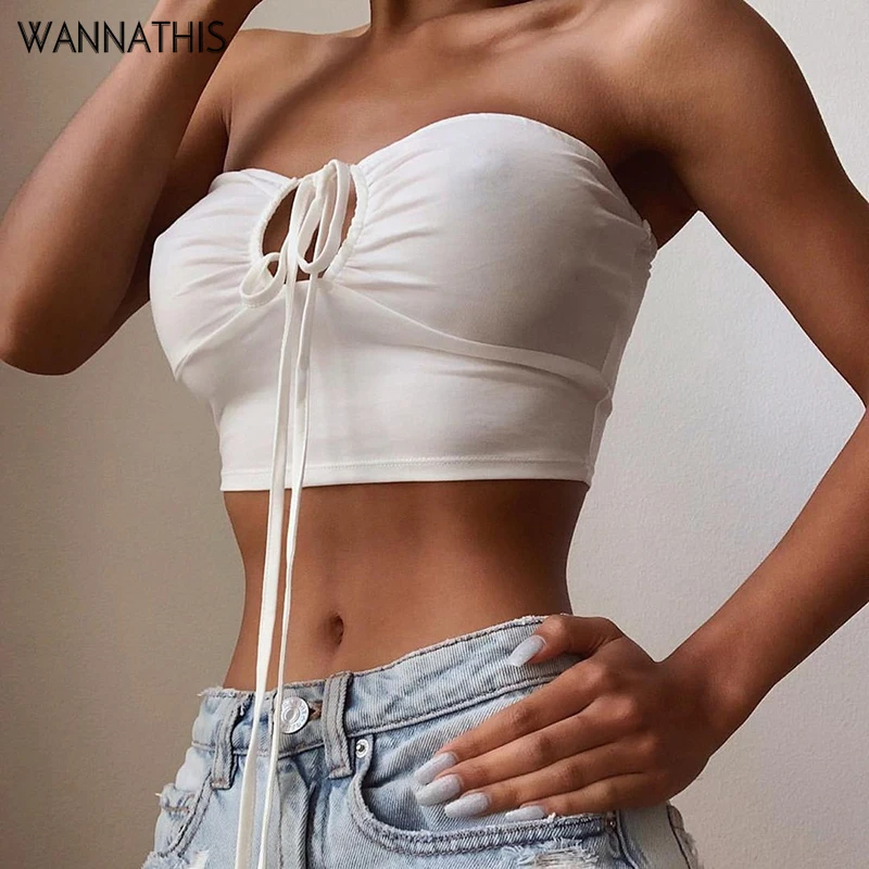 Женский укороченный топ WannaThis асимметричный однотонный облегающий с открытыми