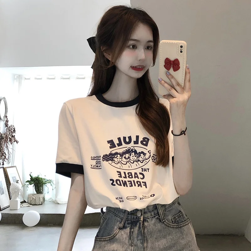 Цветная контрастная Футболка с коротким рукавом Новинка лета 2021 мини рубашка