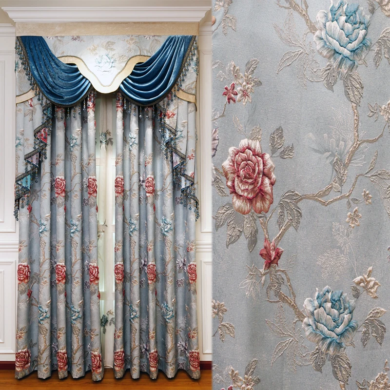 

Blue Deluxe 3D Jacquard Elegantly Decorated Villa Bedroom French Window Curtains High Quality Classic Living Room Curtains