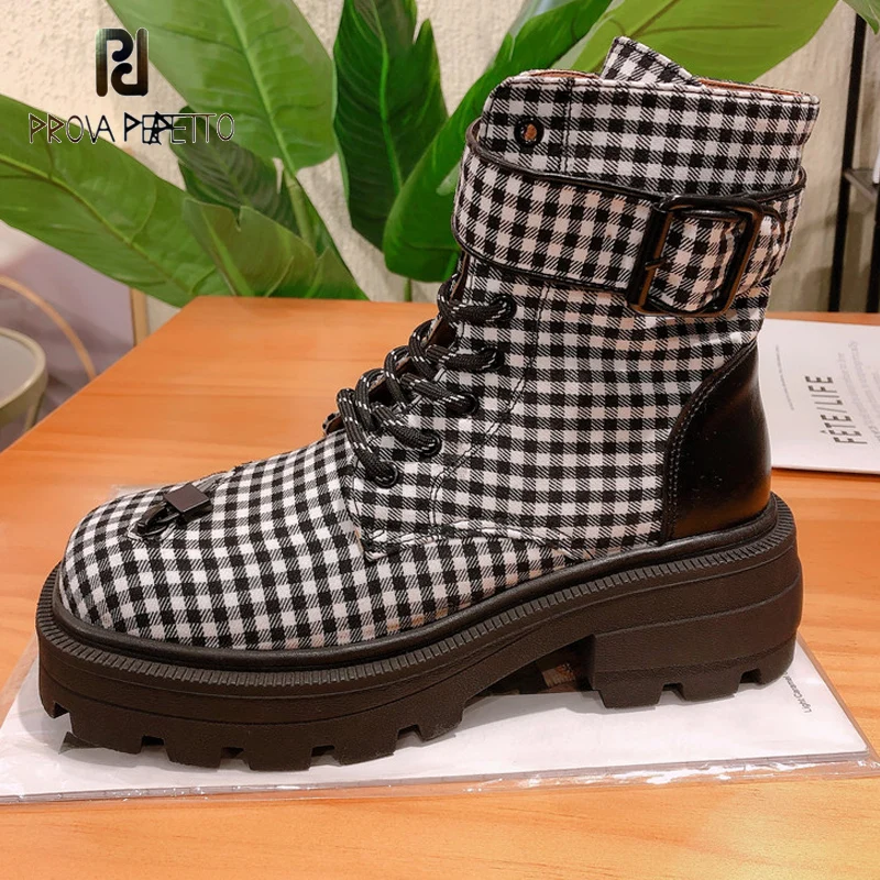 

Belt Buckle Zipper Plaid Locomotive Martin Boots British Trifle Bottom Color Matching Lace High-top Casual Short Boots Women