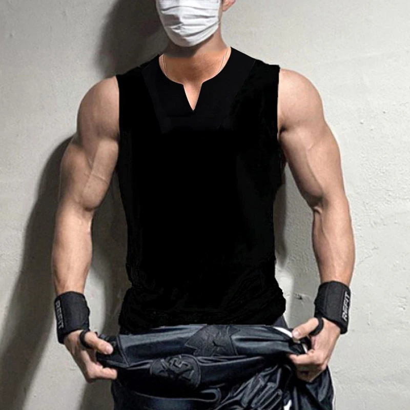 

New Men V-neck Tank Top pure color cotton Summer vest Gym Muscle Bodybuilding Streetwear sleeveless Shirt Workout Fitness Sport