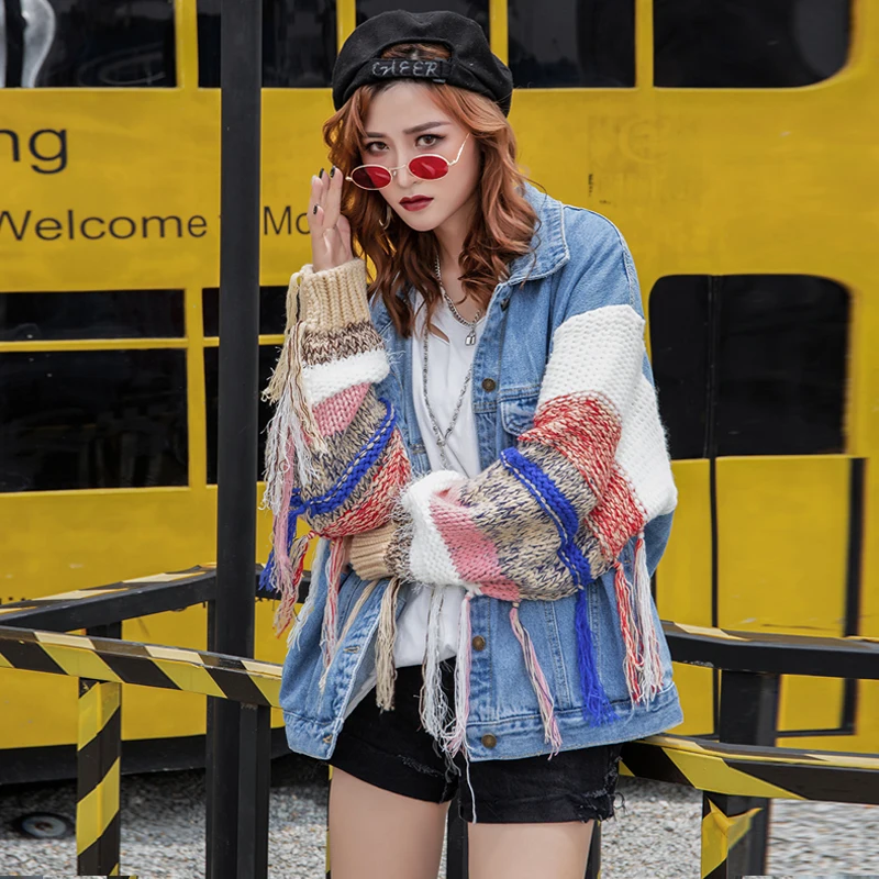 2019 модная новая Свободная трикотажная джинсовая куртка с кисточками Бесплатная