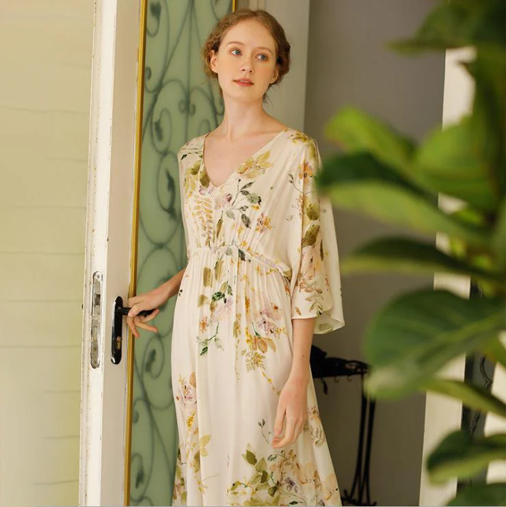Camisón de fibra viscosa para mujer, Vestido largo de satén con estampado de rosas, elegante, de talla grande, para primavera y verano