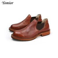 yomior autumn vintage handmade luxury brand men shoes high quality cow leather wedge ankle boots dress round toe chelsea boots