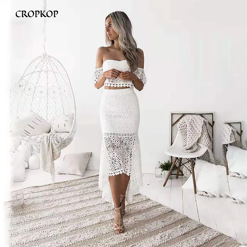 Летний комплект женский юбка сексуальная кружевной кроп топ с открытой спиной