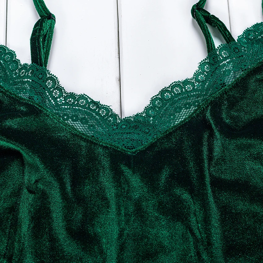 Зеленая однотонная Рождественская Пижама с кружевом и v-образным вырезом без