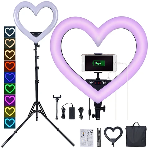 Кольцевой светодиодный светильник FOSOTO, 19 дюймов, RGB, в форме сердца, 3200-5600 к, кольцевая лампа со штативом для телефона, Youtube, макияжа