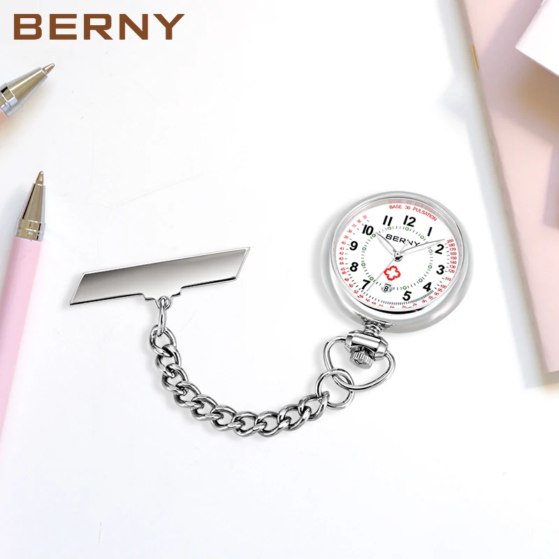 BERNY Nurse Pocket Watch Light Luxury Stainless Steel Material Silver Imported Quartz Movement Mineral Glass Lens Pocket Watch enlarge