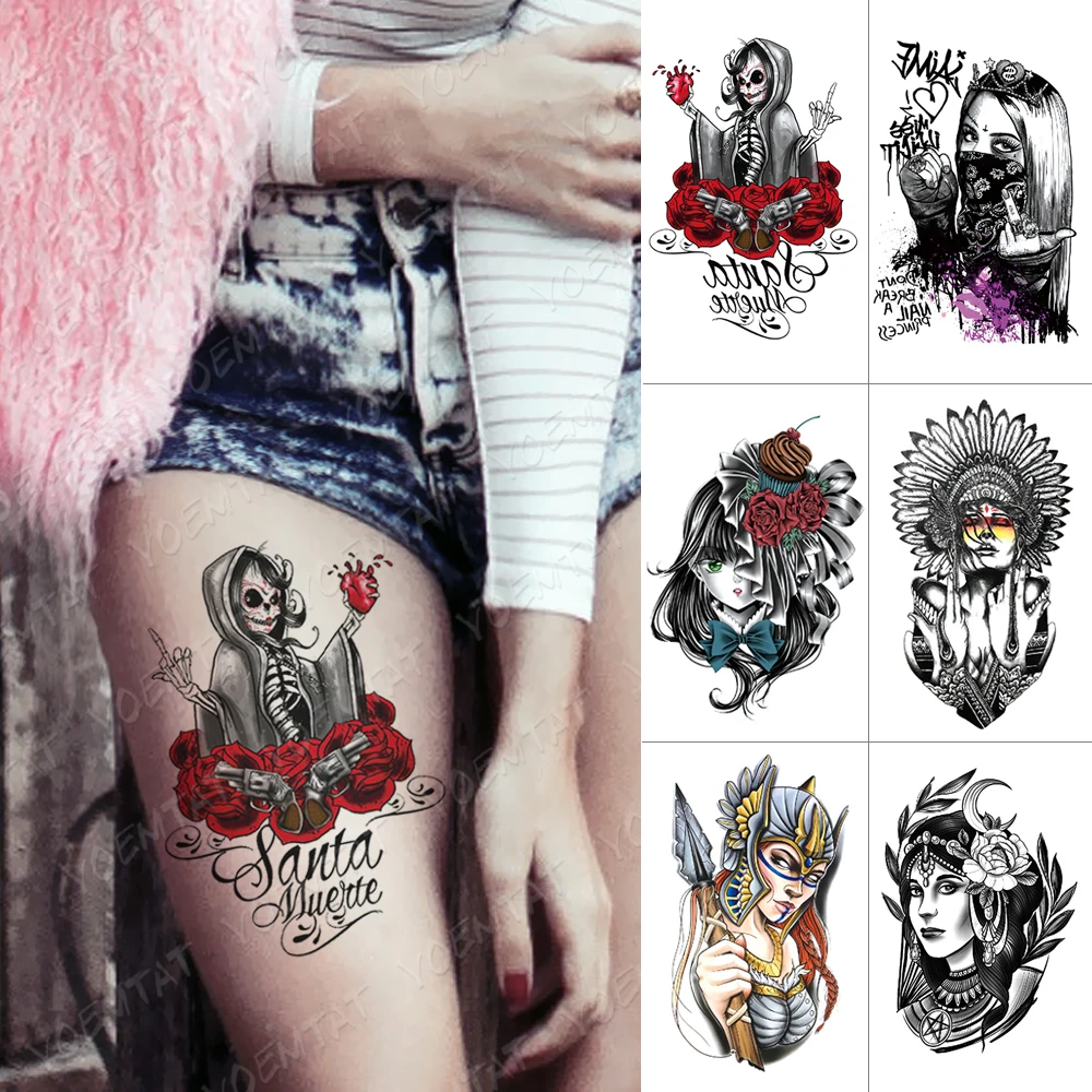 

Waterproof Temporary Tattoo Sticker Skull Heart Rose Flash Tattoos Tribe Cool Girl Body Art Arm Water Transfer Fake Tattoo Women
