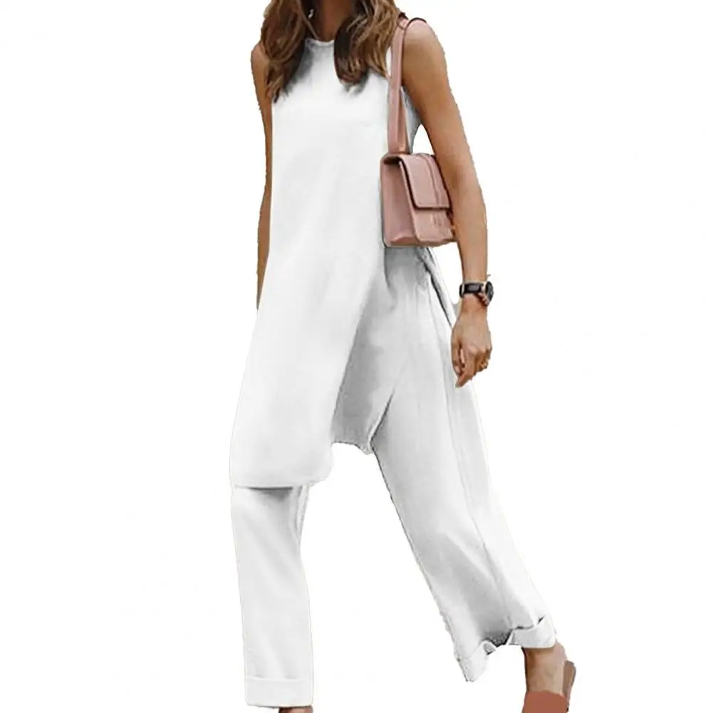 

Summer Lady Soild Color Pants Sleeveless Round Neck Female Women Split Blouse Wide Leg Pants Set for Work Commute Matching Sets