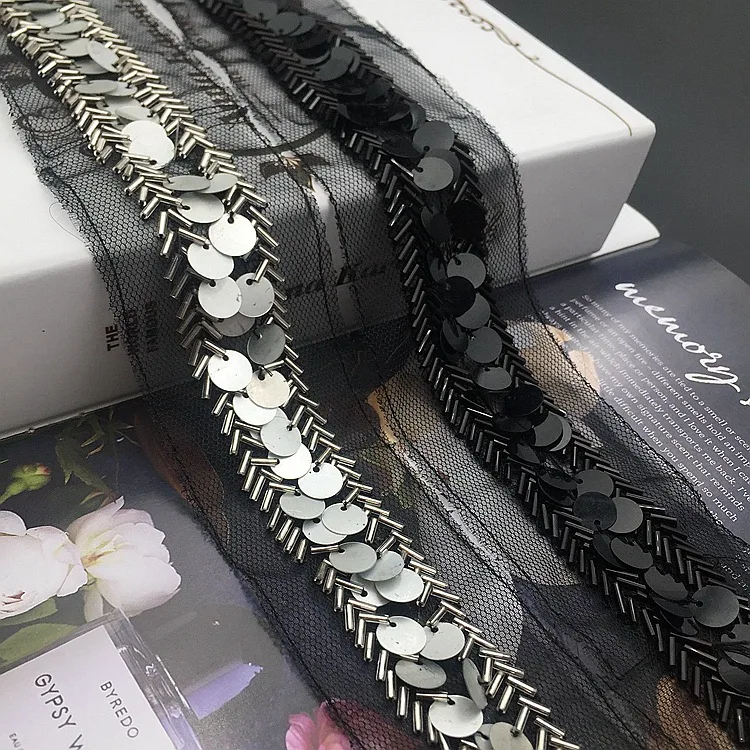 1 ярд золотые бусины блестки сетка кружевная лента блестящая отделка ткань