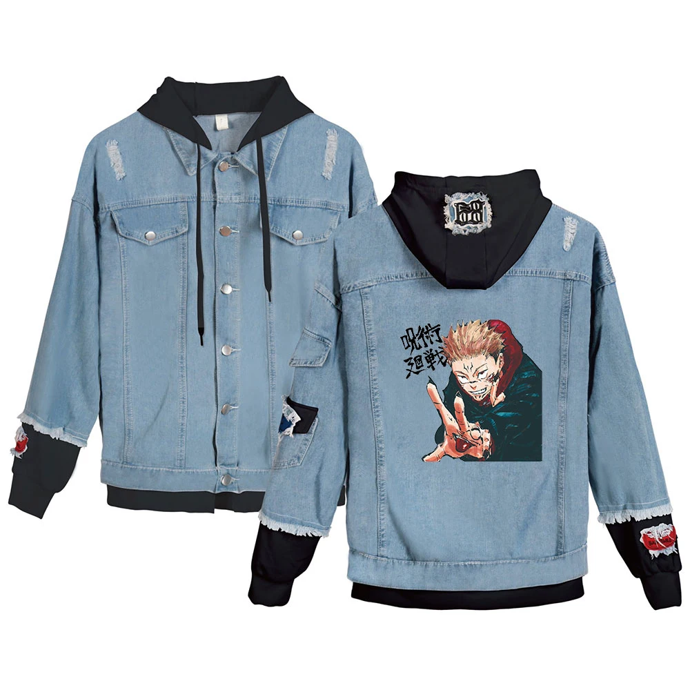 

Женская джинсовая куртка Jiujitsu Kaisen с капюшоном японская Манга Аниме Yuji Itadori Gojo Satoru фигурка Косплей Одежда с принтом