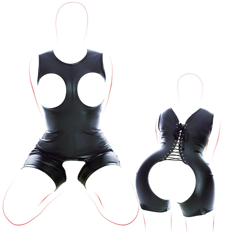 Эротические из черной кожи с открытым груди Боди латексные клубный костюм