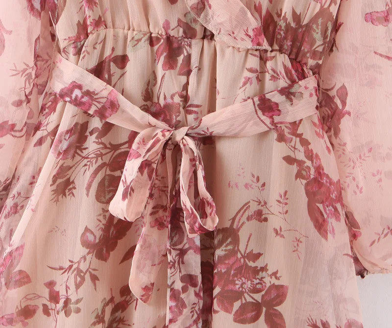 ROHOPO Двухслойное с зубчатым воротником красное цветочное поясом розовое