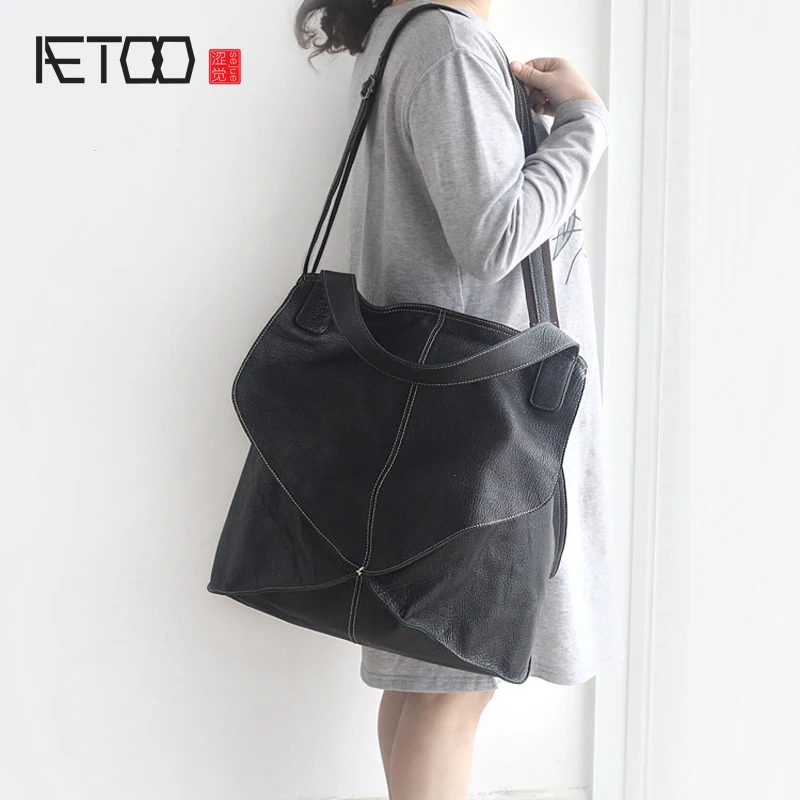 

AETOO New fashion personality handbags simple genuine leather shoulder bag stitching soft leather large capacity handbag women