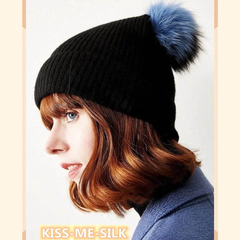 KMS Autumn Winter Cashmere blue and black color matching double wool ball knitted hat warm soft and comfortable  23*24CM/69G