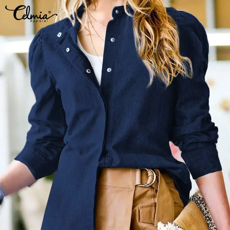 

Celmia 2021 Fashion Denim Shirts Women Casual Pleated 3/4 Puff Sleeve Blouses Autumn O Neck Solid Straight Tops Oversize Chemise