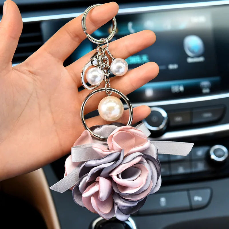 New Fashion Pearl Rose Ball Keychain   Creative Personality Charm Car Keychain   Ladies Trend Korean Bag Mobile Phone Keychain