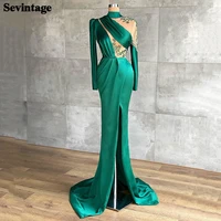 sevintage green satin mermaid prom dresses nude long sleeve beaded saudi arabic formal party gows pleat slit evening gowns 2022