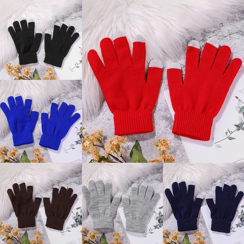 

6 Pairs Men Women Thicken Knitted Touch Screen Gloves Simple Solid Color Jacquard Windproof Warm Stretchy Full Finger Texting M
