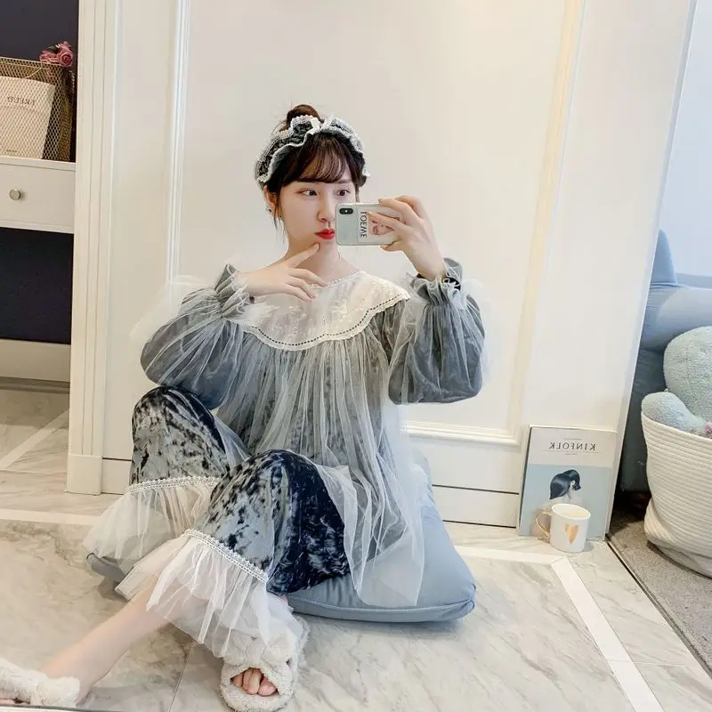 

2020 New Velvet Suit Doll Collar Girl Large Size Loose Autumn and Winter Long Sleeve Pajamas Suit Homewear Loungewear Women