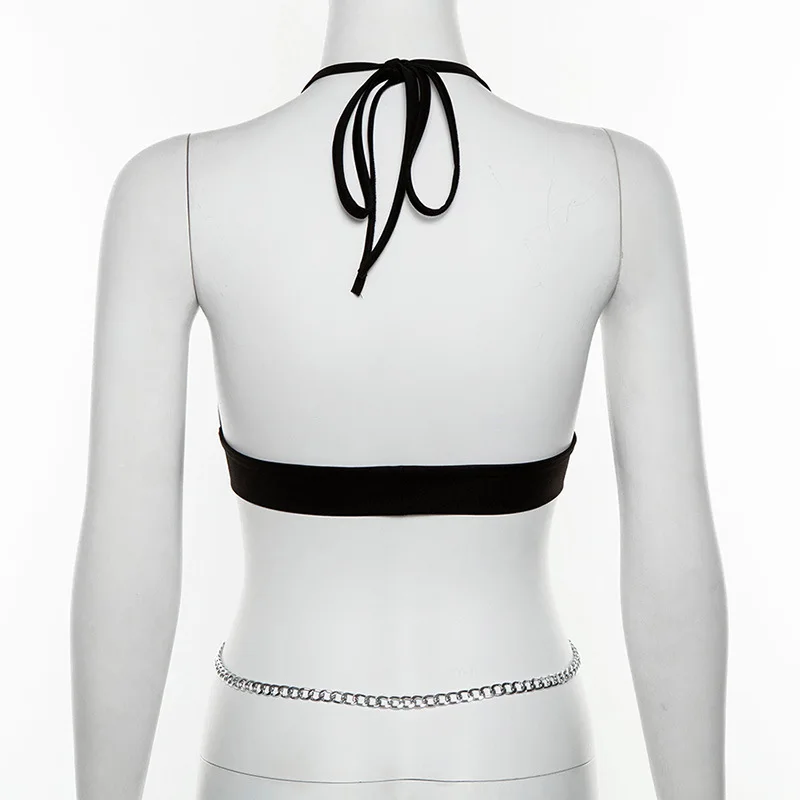 

Y2K EGIRL Mall Goth Backless Criss Cross Chain Black Crop Tops Grunge Punk Deep V-neck Bandage Halter Tops Sleeveless Vests New