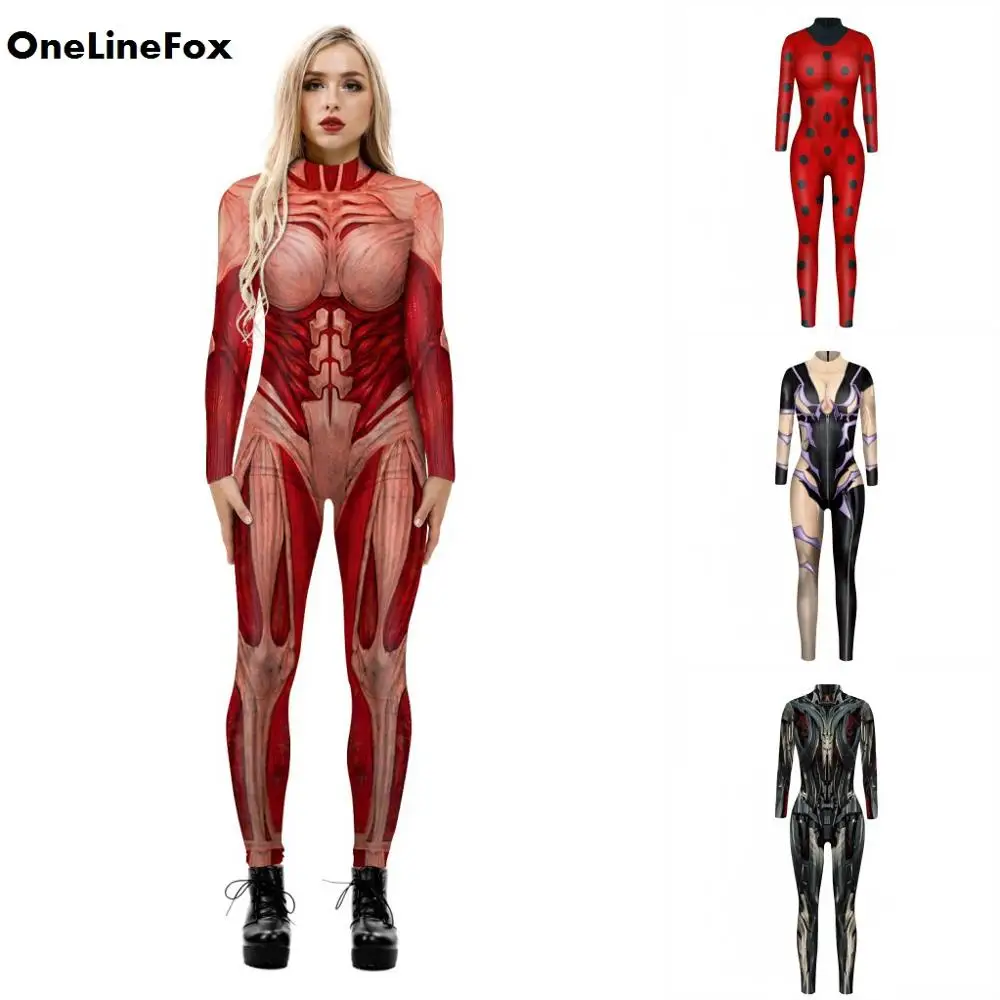 

OneLineFox, страшный ужас, боди, большой рот, готический скелет, принт, костюмы для косплея, зентай, костюм на Хэллоуин, женский сексуальный комбин...