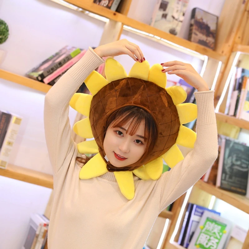 

Japanese Style Lovely Sunflower Shape Plush Hat Funny Stuffed Toys Headgear Warm Cap Holiday Cosplay Party Photo Props