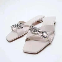 zar 2021 summer new fashion square toe low heels sexy outer wear rhinestone chain muller lazy sandals and slippers women luxury